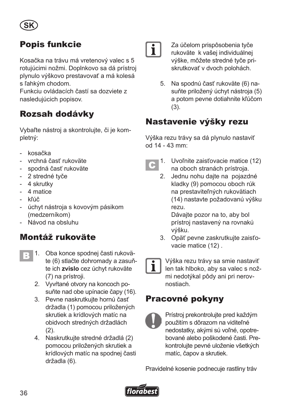 Popis funkcie, Rozsah dodávky, Montáž rukoväte | Nastavenie výšky rezu, Pracovné pokyny | Florabest FHM 38 A1 User Manual | Page 36 / 50