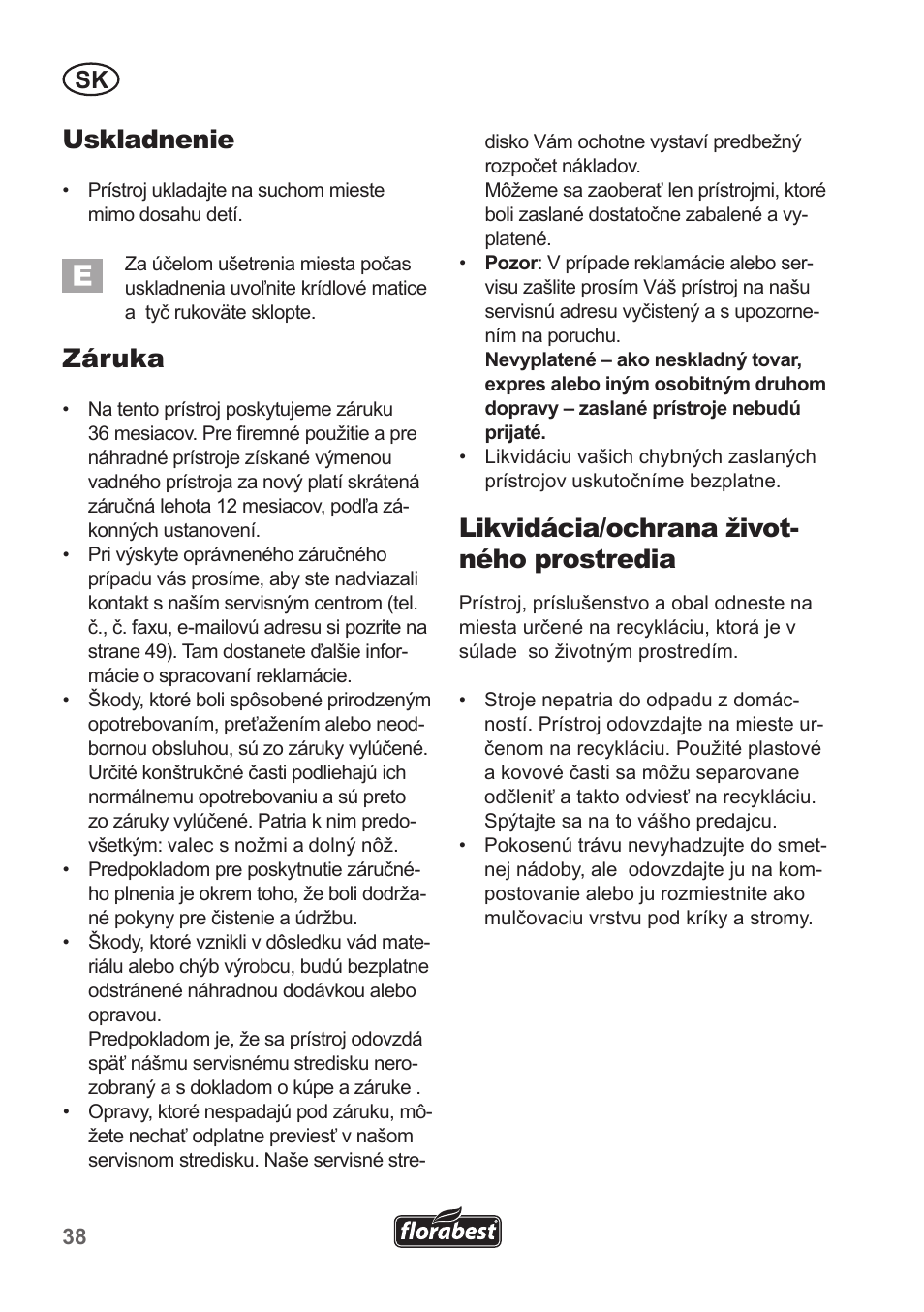 Uskladnenie, Záruka, Likvidácia/ochrana život- ného prostredia | Florabest FHM 38 A1 User Manual | Page 38 / 50
