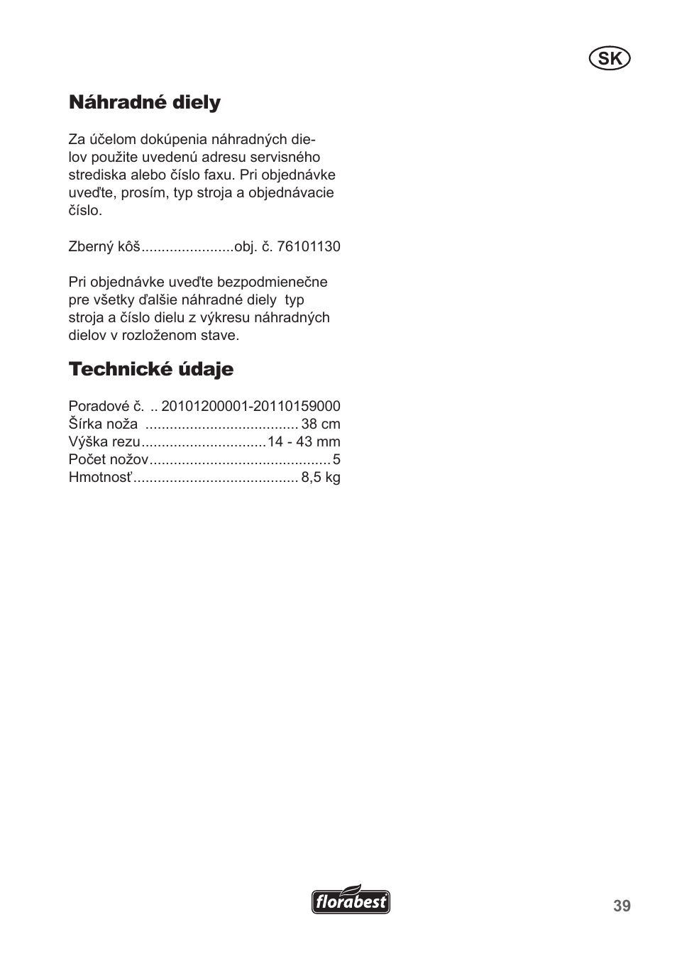 Náhradné diely, Technické údaje | Florabest FHM 38 A1 User Manual | Page 39 / 50