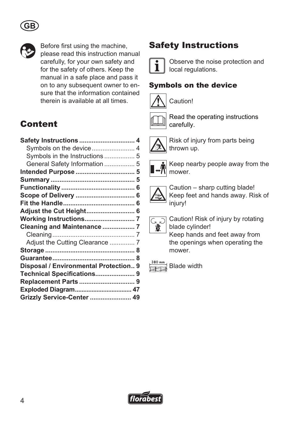 Safety instructions, Content | Florabest FHM 38 A1 User Manual | Page 4 / 50