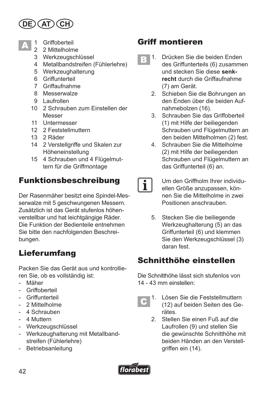 Funktionsbeschreibung, Lieferumfang, Griff montieren | Schnitthöhe einstellen, De at ch | Florabest FHM 38 A1 User Manual | Page 42 / 50