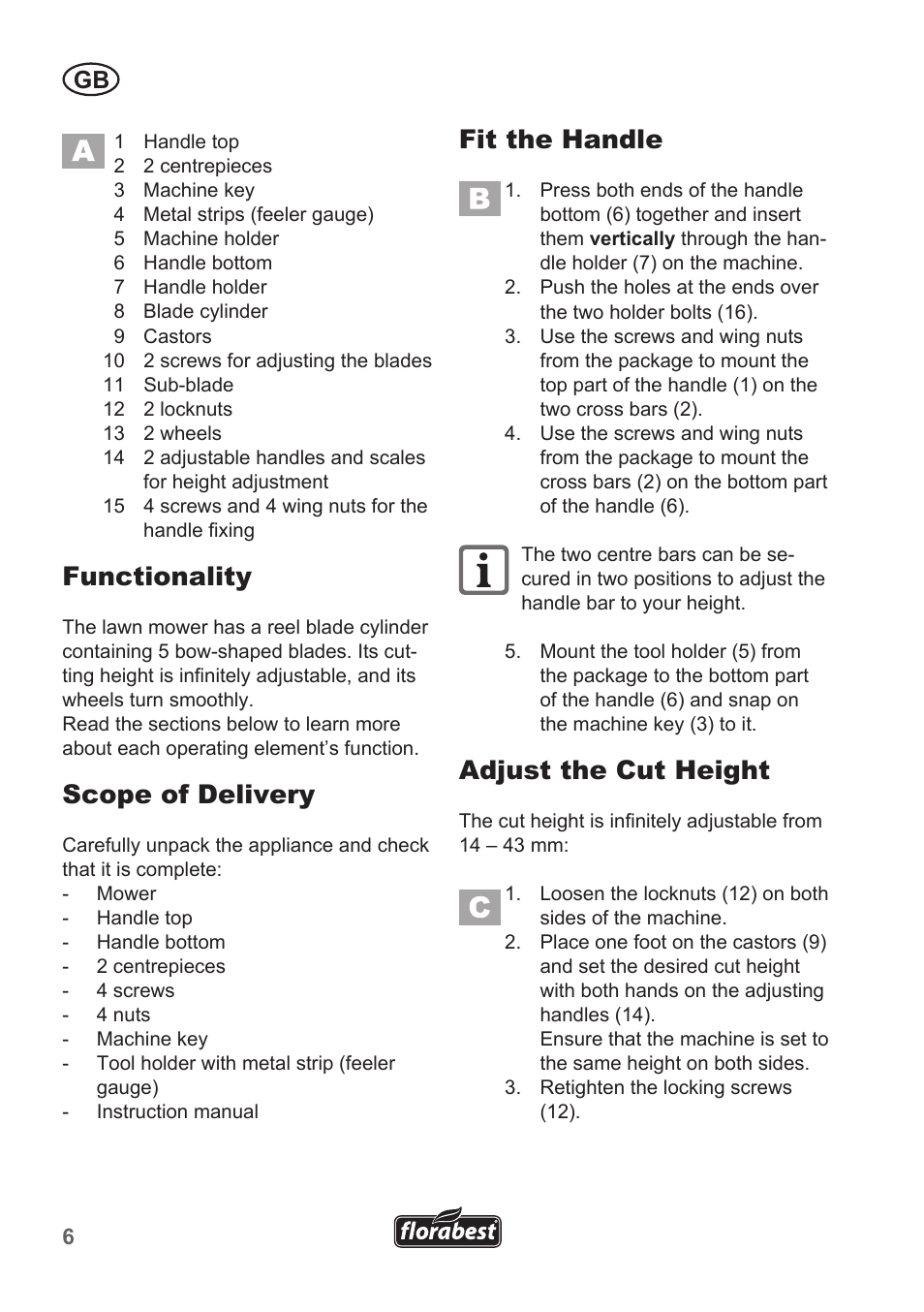 Functionality, Scope of delivery, Fit the handle | Adjust the cut height | Florabest FHM 38 A1 User Manual | Page 6 / 50