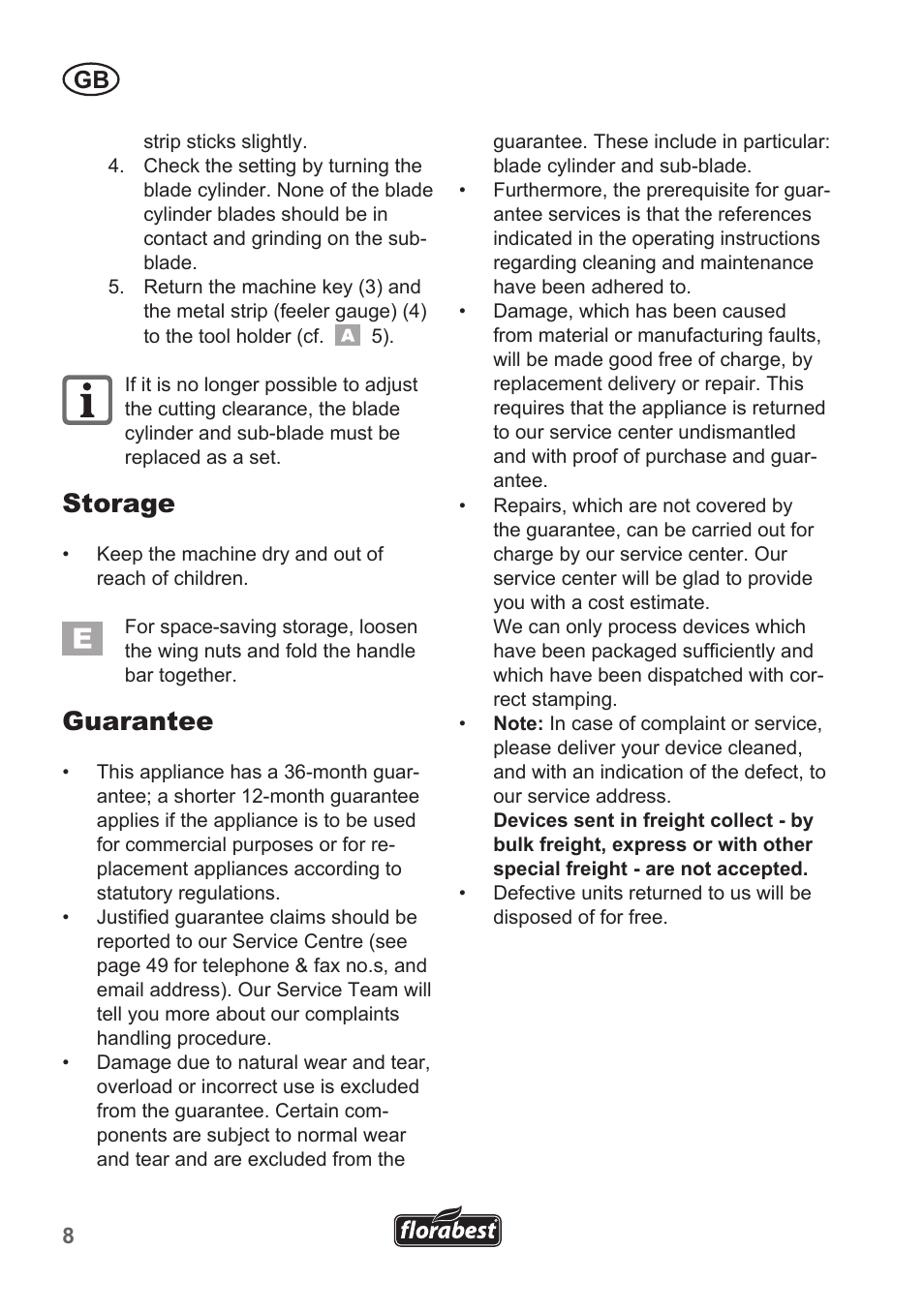 Storage, Guarantee | Florabest FHM 38 A1 User Manual | Page 8 / 50