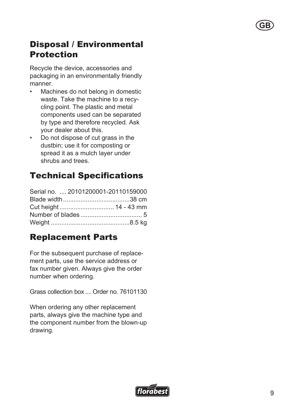 Disposal / environmental protection, Technical specifications, Replacement parts | Florabest FHM 38 A1 User Manual | Page 9 / 50