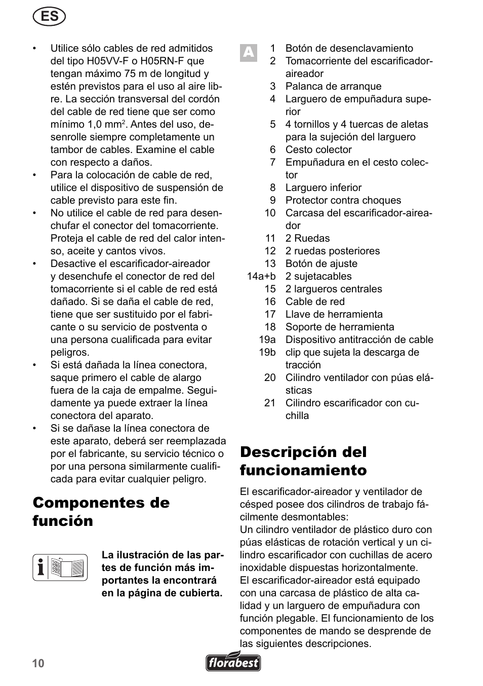 Componentes de función, Descripción del funcionamiento | Florabest FLV 1300 A1 User Manual | Page 10 / 74