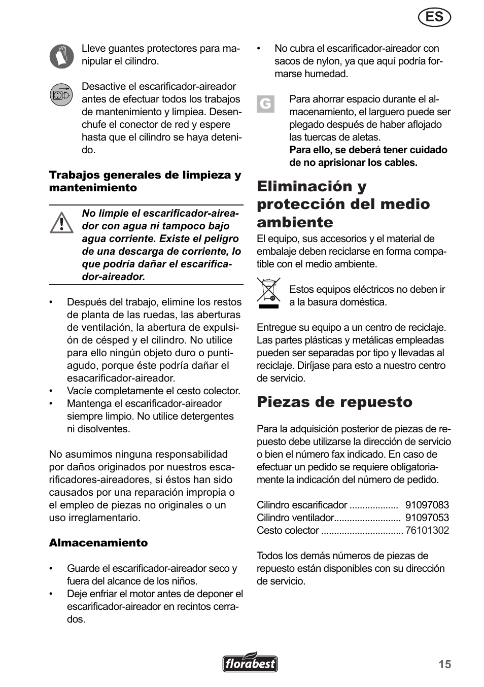 Eliminación y protección del medio ambiente, Piezas de repuesto | Florabest FLV 1300 A1 User Manual | Page 15 / 74