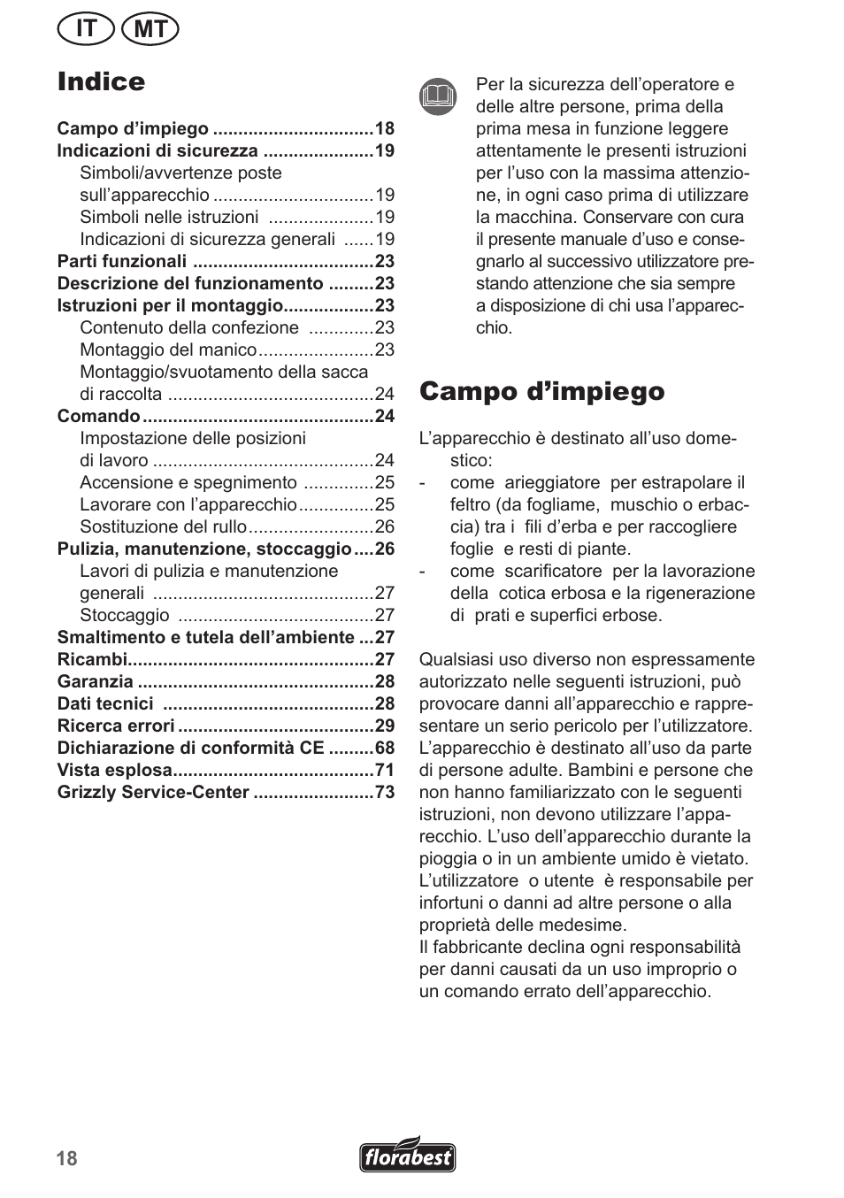 Indice, Campo d’impiego, Mt it | Florabest FLV 1300 A1 User Manual | Page 18 / 74