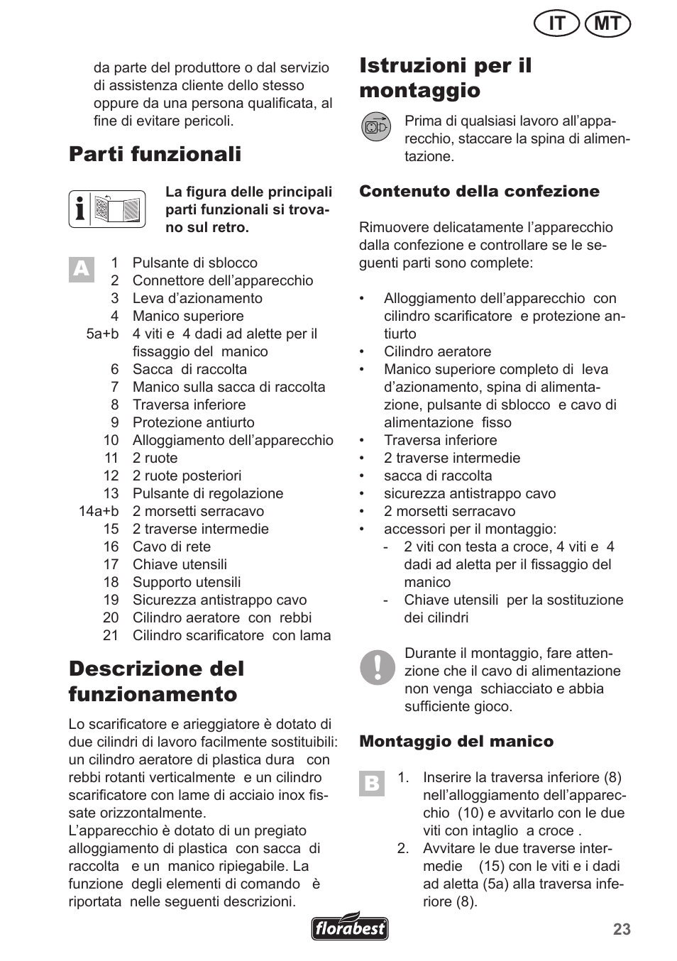 Parti funzionali, Descrizione del funzionamento, Istruzioni per il montaggio | Mt it | Florabest FLV 1300 A1 User Manual | Page 23 / 74