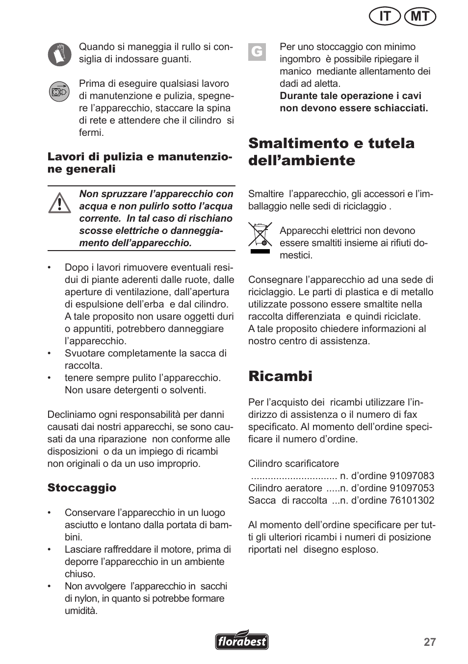 Smaltimento e tutela dell’ambiente, Ricambi, Mt it | Florabest FLV 1300 A1 User Manual | Page 27 / 74