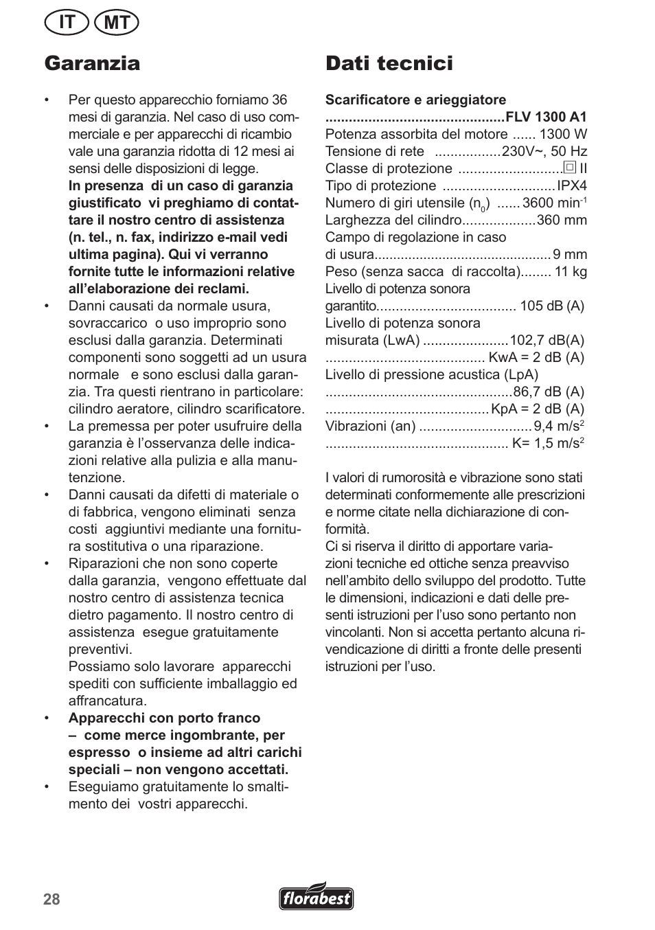 Garanzia, Dati tecnici, Mt it | Florabest FLV 1300 A1 User Manual | Page 28 / 74