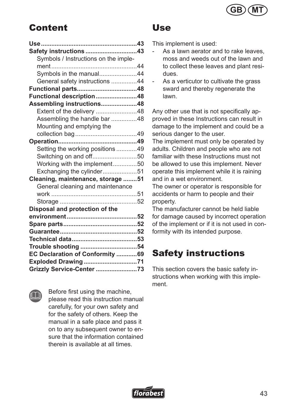 Content, Safety instructions, Mt gb | Florabest FLV 1300 A1 User Manual | Page 43 / 74