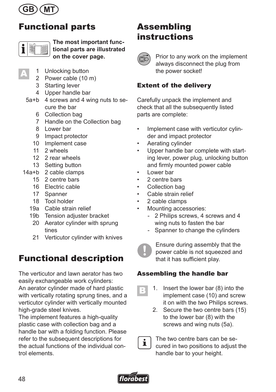 Functional parts, Functional description, Assembling instructions | Mt gb | Florabest FLV 1300 A1 User Manual | Page 48 / 74