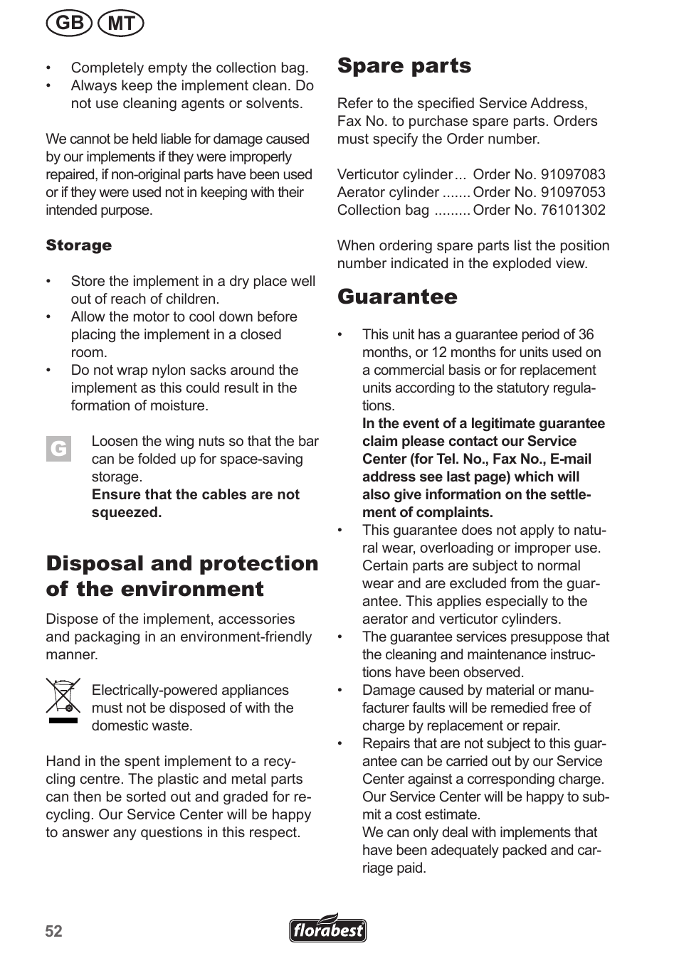 Disposal and protection of the environment, Spare parts, Guarantee | Mt gb | Florabest FLV 1300 A1 User Manual | Page 52 / 74