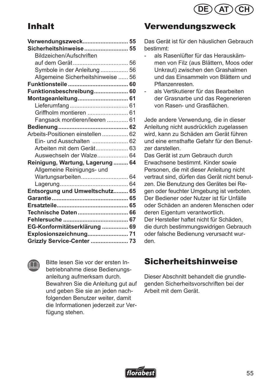 Inhalt, Verwendungszweck, Sicherheitshinweise | Ch at de | Florabest FLV 1300 A1 User Manual | Page 55 / 74