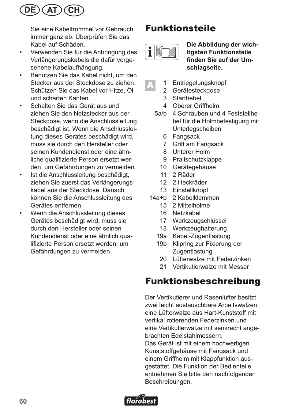 Funktionsteile, Funktionsbeschreibung, Ch at de | Florabest FLV 1300 A1 User Manual | Page 60 / 74