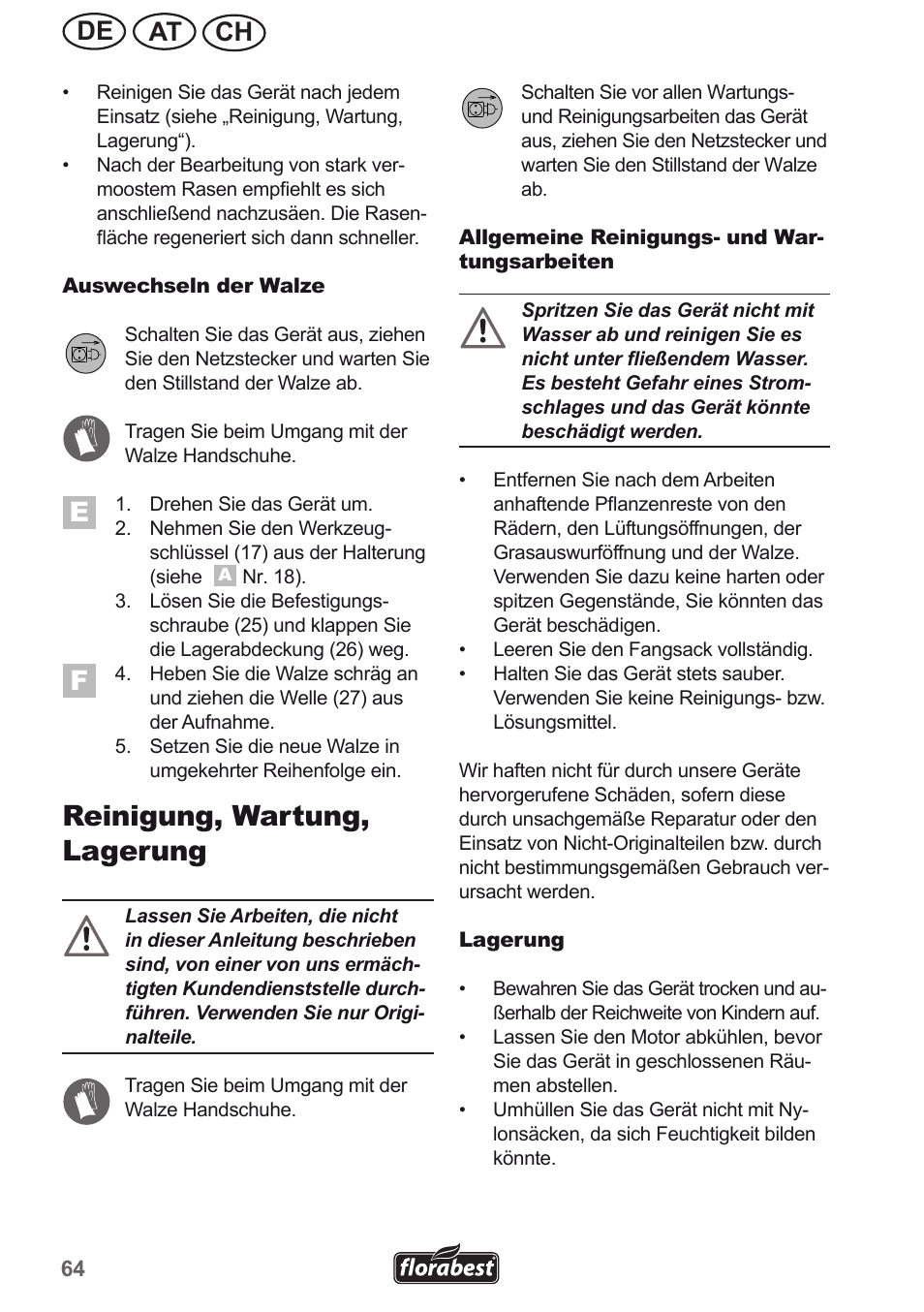 Reinigung, wartung, lagerung, Ch at de | Florabest FLV 1300 A1 User Manual | Page 64 / 74