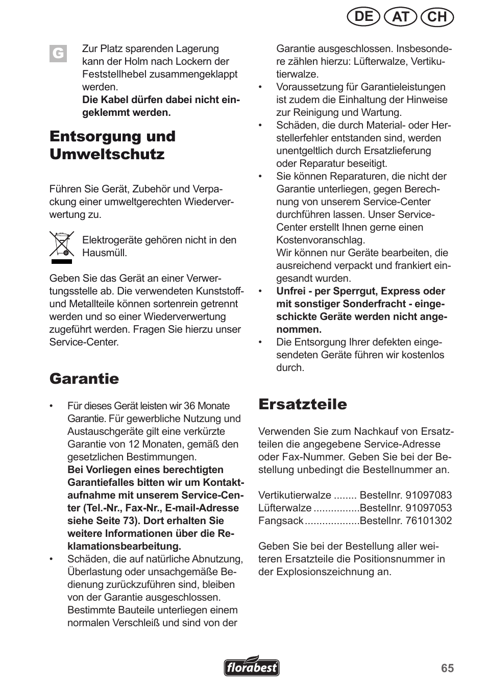 Entsorgung und umweltschutz, Garantie, Ersatzteile | Ch at de | Florabest FLV 1300 A1 User Manual | Page 65 / 74