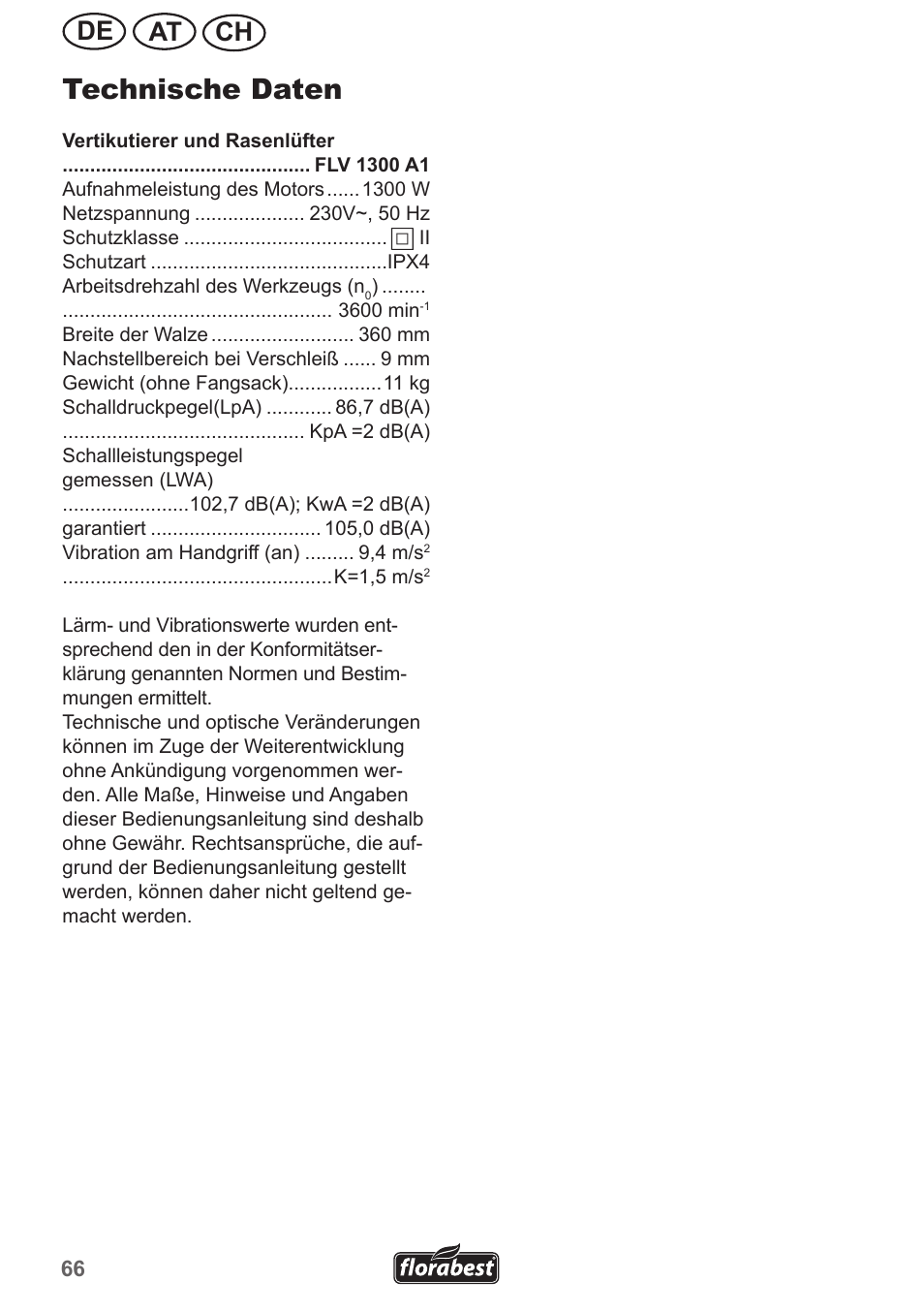 Technische daten, Ch at de | Florabest FLV 1300 A1 User Manual | Page 66 / 74