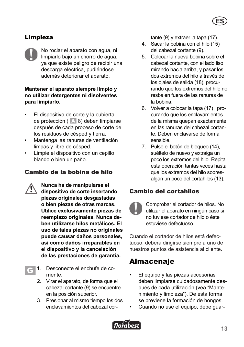 Almacenaje | Florabest FRT 450 A1 User Manual | Page 13 / 70
