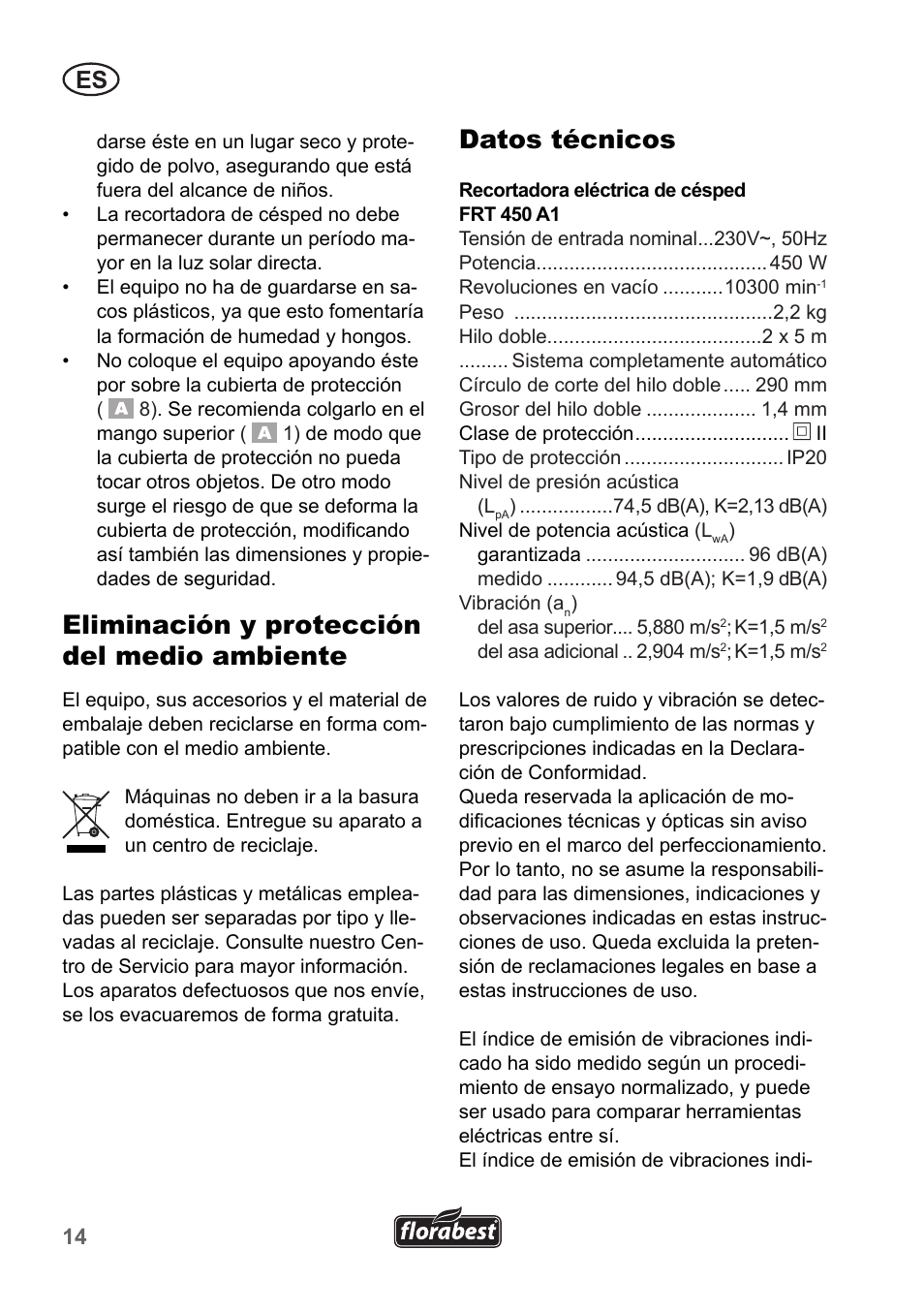 Eliminación y protección del medio ambiente, Datos técnicos | Florabest FRT 450 A1 User Manual | Page 14 / 70