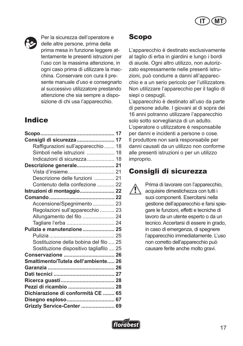Indice, Scopo, Consigli di sicurezza | It mt | Florabest FRT 450 A1 User Manual | Page 17 / 70
