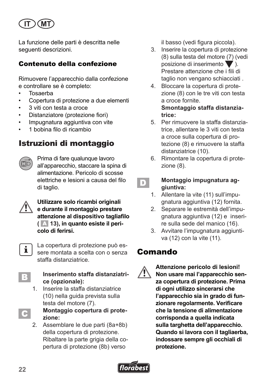 Istruzioni di montaggio, Comando, It mt | Florabest FRT 450 A1 User Manual | Page 22 / 70