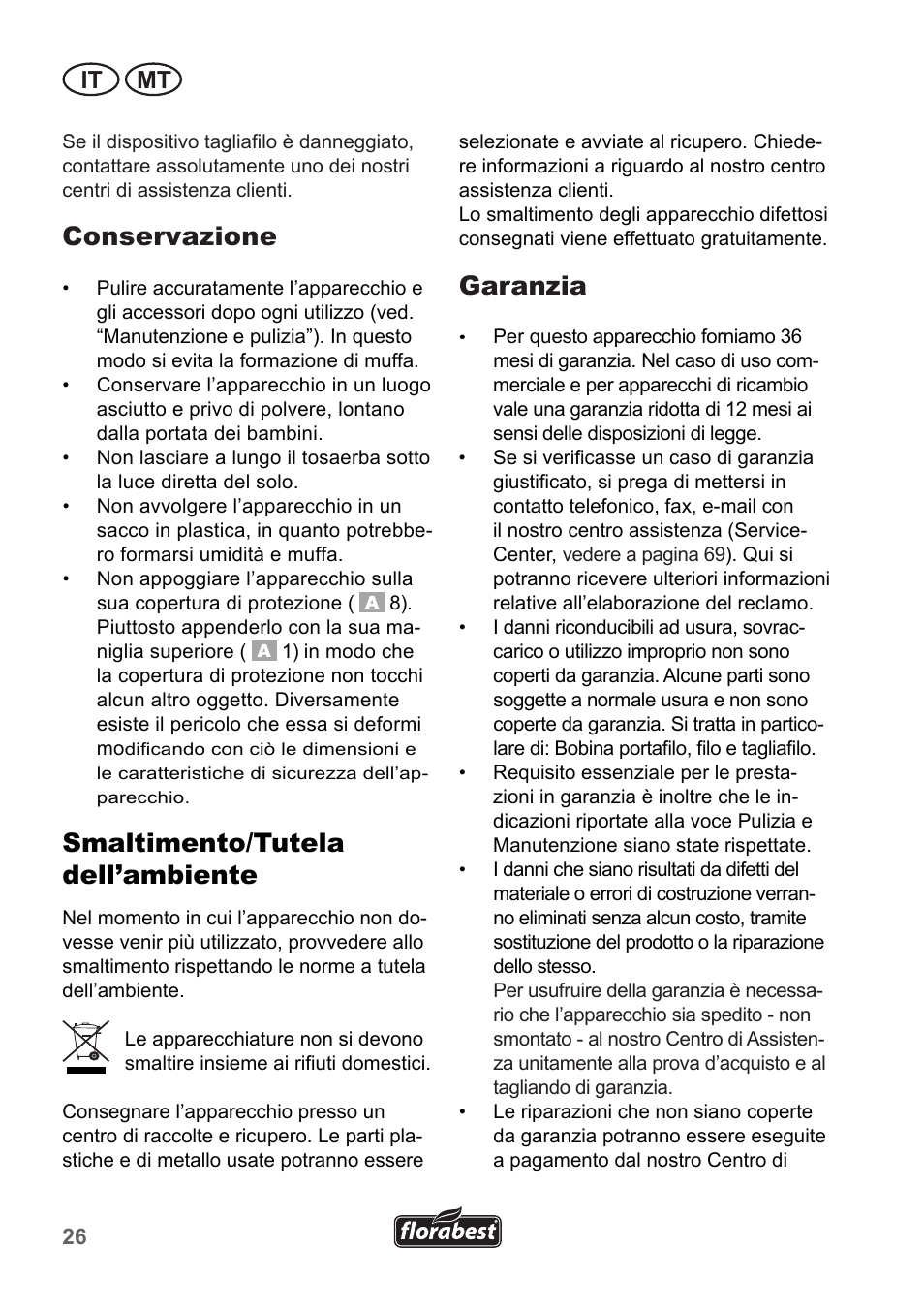 Conservazione, Smaltimento/tutela dell’ambiente, Garanzia | It mt | Florabest FRT 450 A1 User Manual | Page 26 / 70
