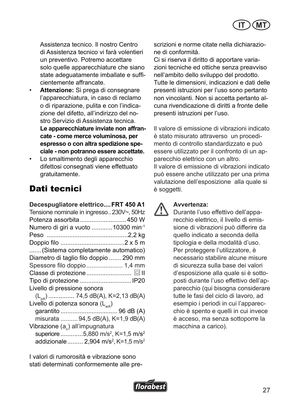 Dati tecnici, It mt | Florabest FRT 450 A1 User Manual | Page 27 / 70