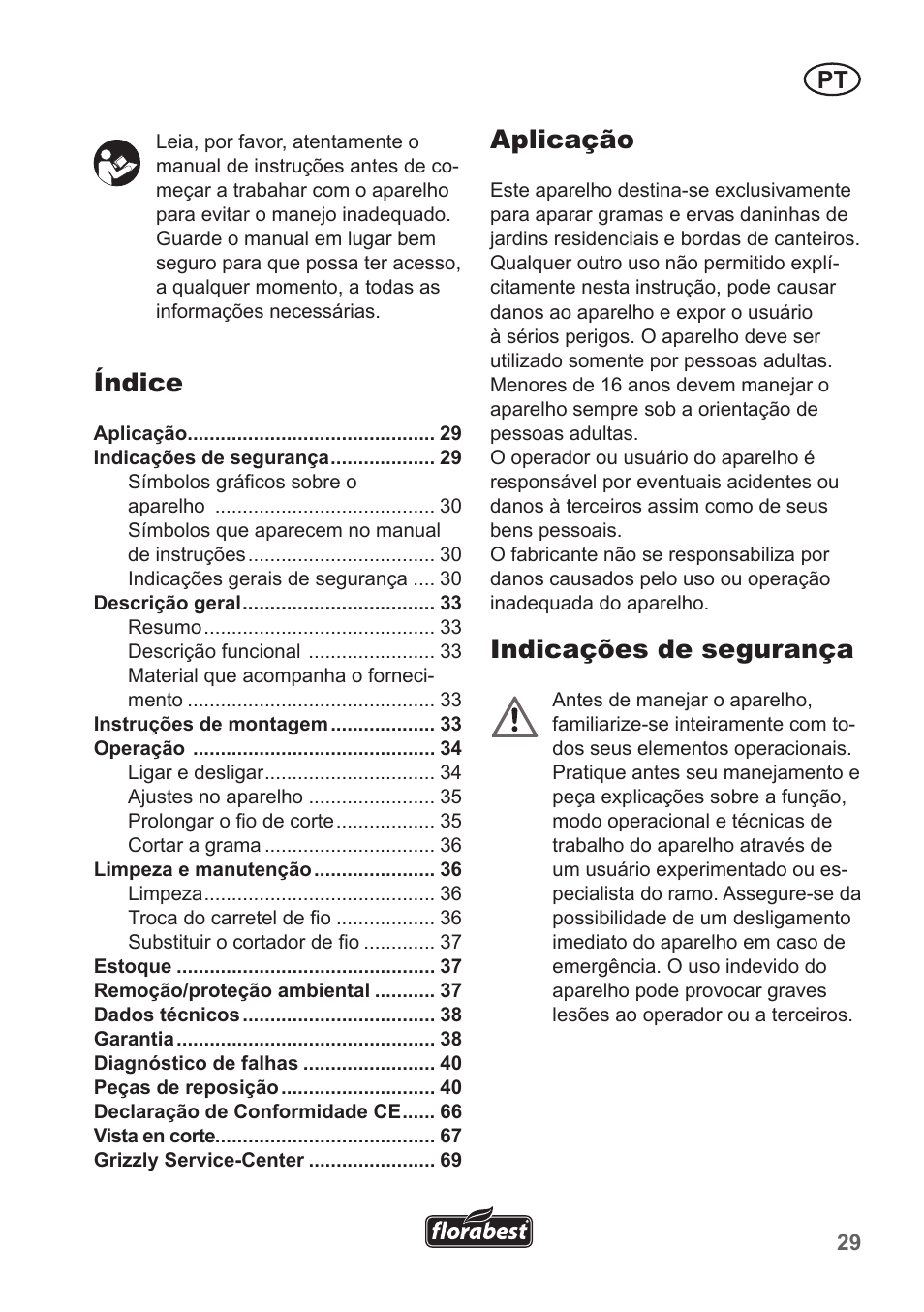 Índice, Aplicação, Indicações de segurança | Florabest FRT 450 A1 User Manual | Page 29 / 70