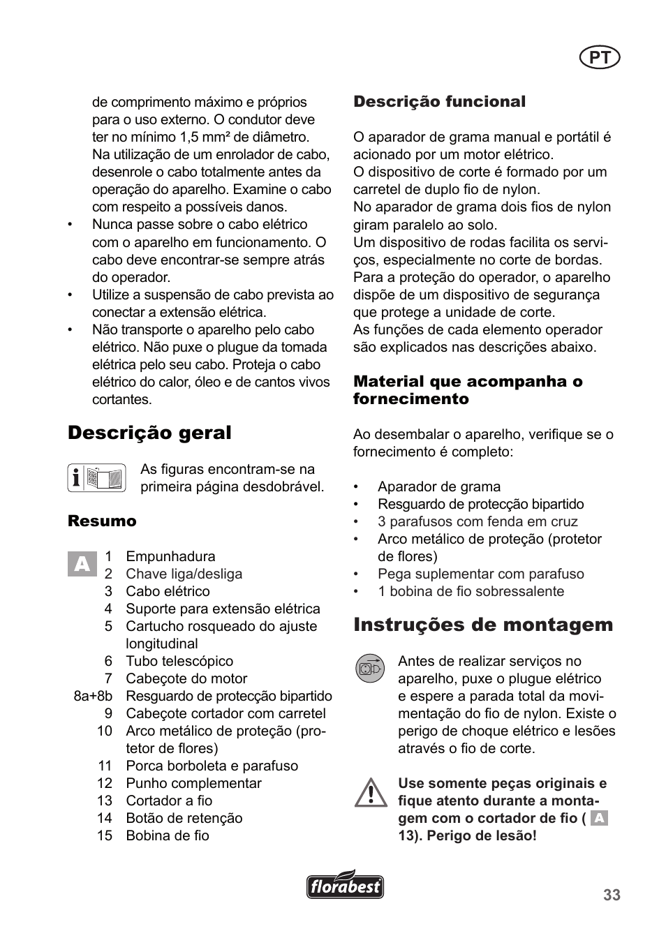 Descrição geral, Instruções de montagem | Florabest FRT 450 A1 User Manual | Page 33 / 70