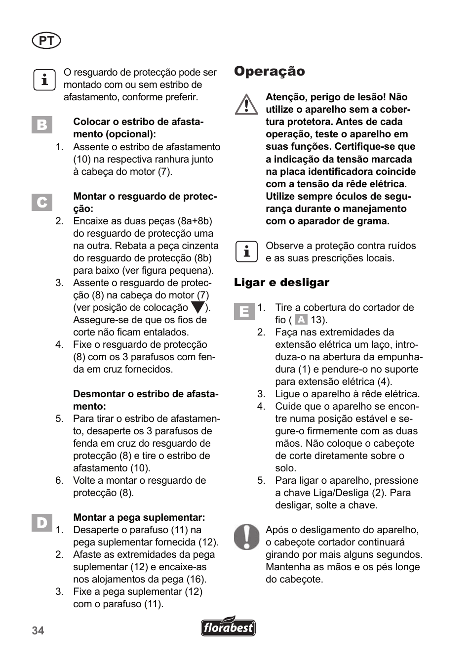 Operação | Florabest FRT 450 A1 User Manual | Page 34 / 70