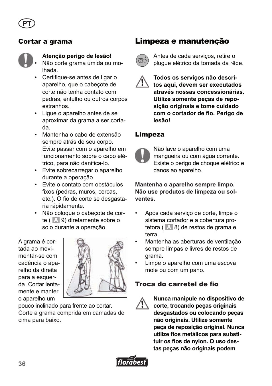 Limpeza e manutenção | Florabest FRT 450 A1 User Manual | Page 36 / 70