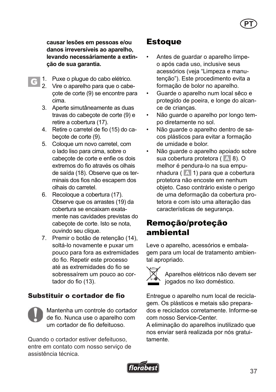 Estoque, Remoção/proteção ambiental | Florabest FRT 450 A1 User Manual | Page 37 / 70