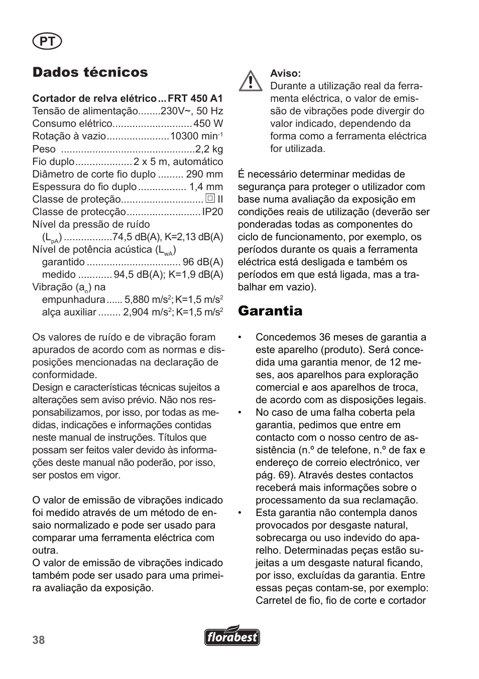 Dados técnicos, Garantia | Florabest FRT 450 A1 User Manual | Page 38 / 70