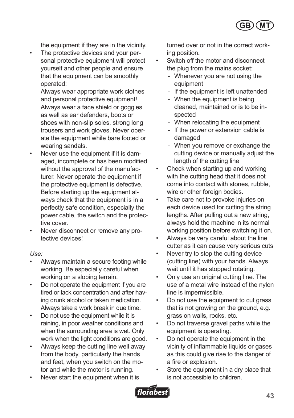 Gb mt | Florabest FRT 450 A1 User Manual | Page 43 / 70