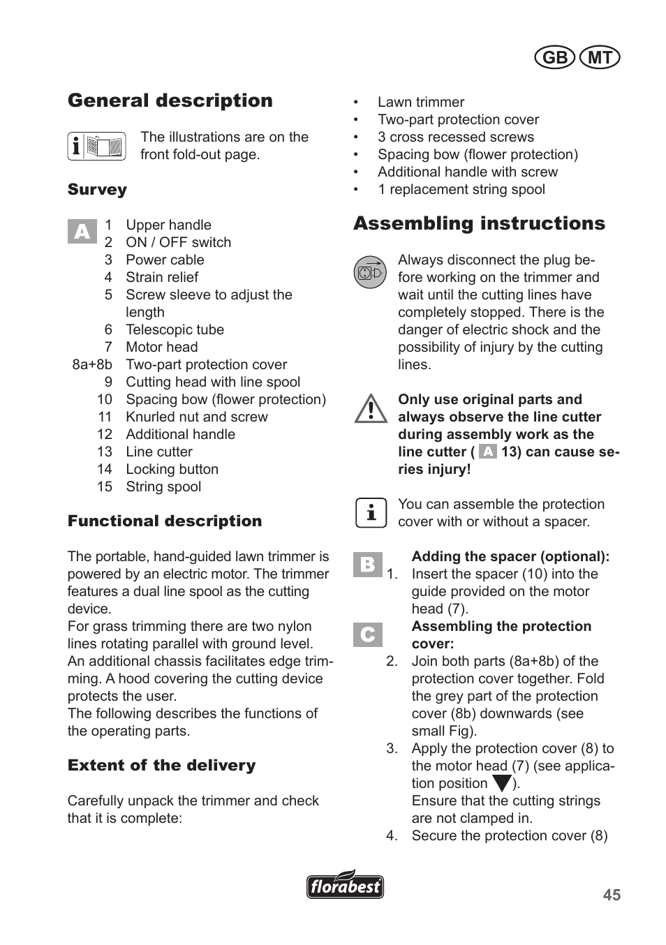 General description, Assembling instructions, Gb mt | Florabest FRT 450 A1 User Manual | Page 45 / 70