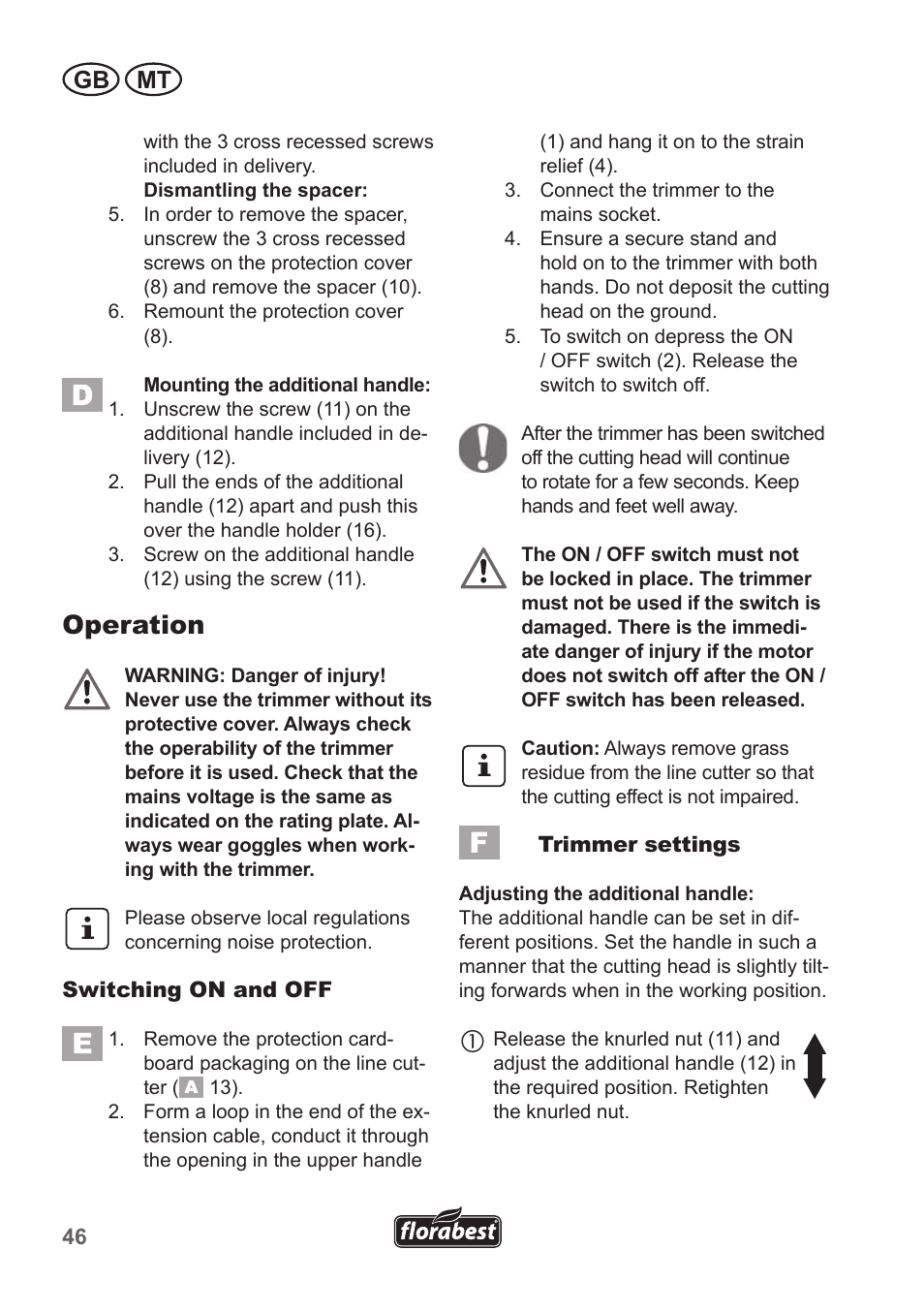 Operation, Gb mt | Florabest FRT 450 A1 User Manual | Page 46 / 70