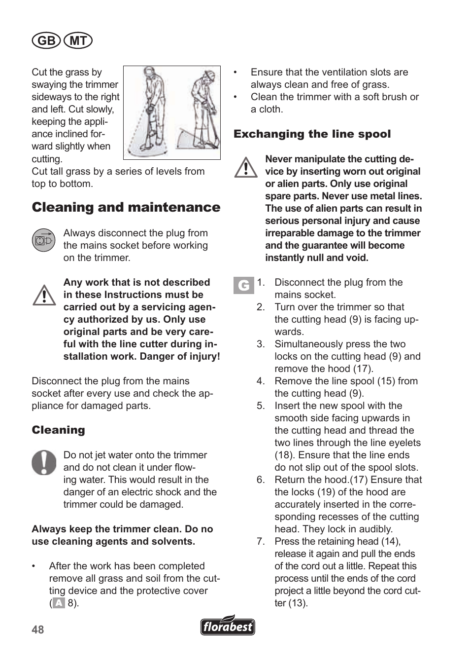 Cleaning and maintenance, Gb mt | Florabest FRT 450 A1 User Manual | Page 48 / 70