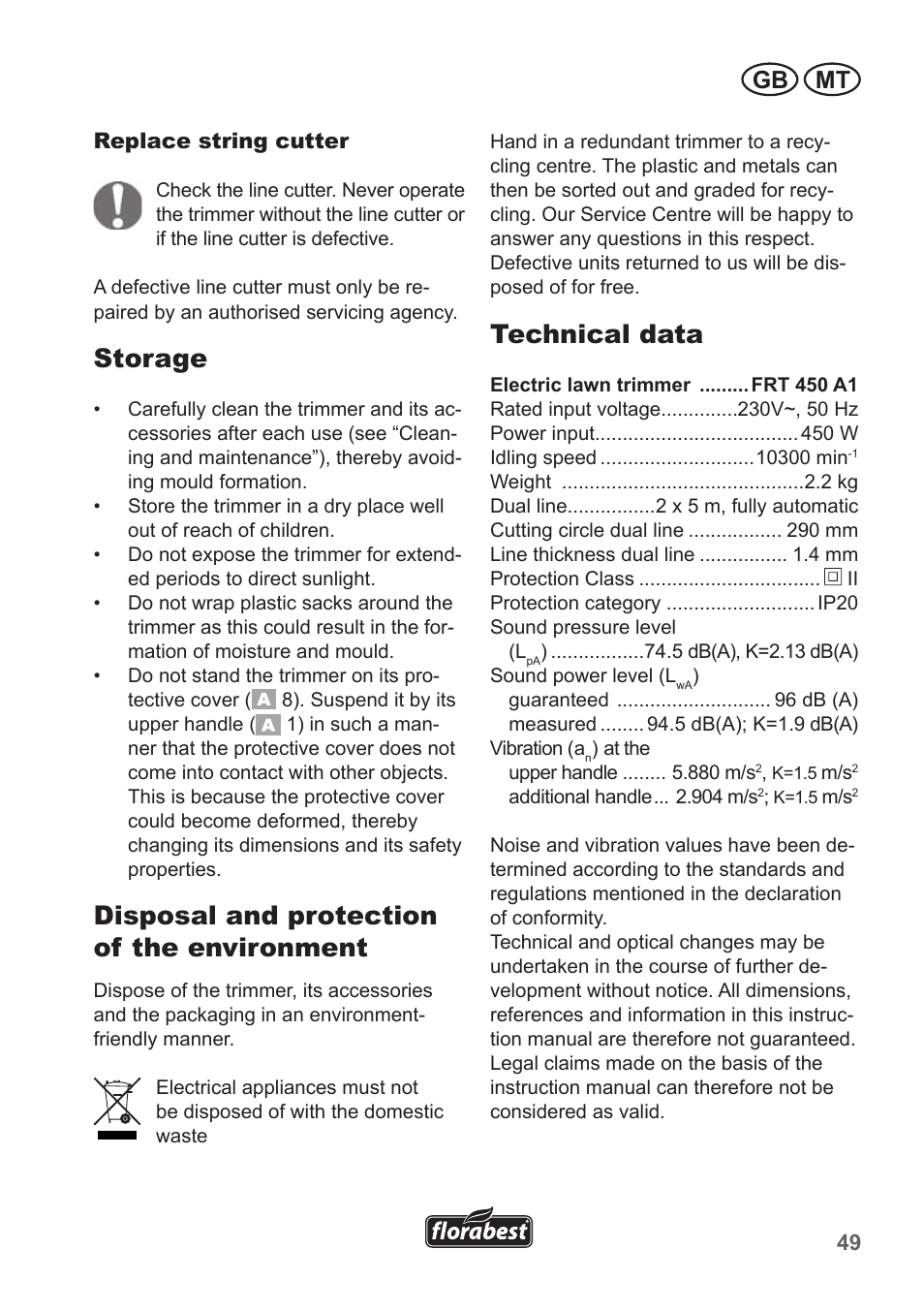 Storage, Disposal and protection of the environment, Technical data | Gb mt | Florabest FRT 450 A1 User Manual | Page 49 / 70