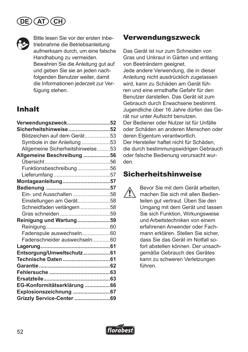 Inhalt, Verwendungszweck, Sicherheitshinweise | De at ch | Florabest FRT 450 A1 User Manual | Page 52 / 70