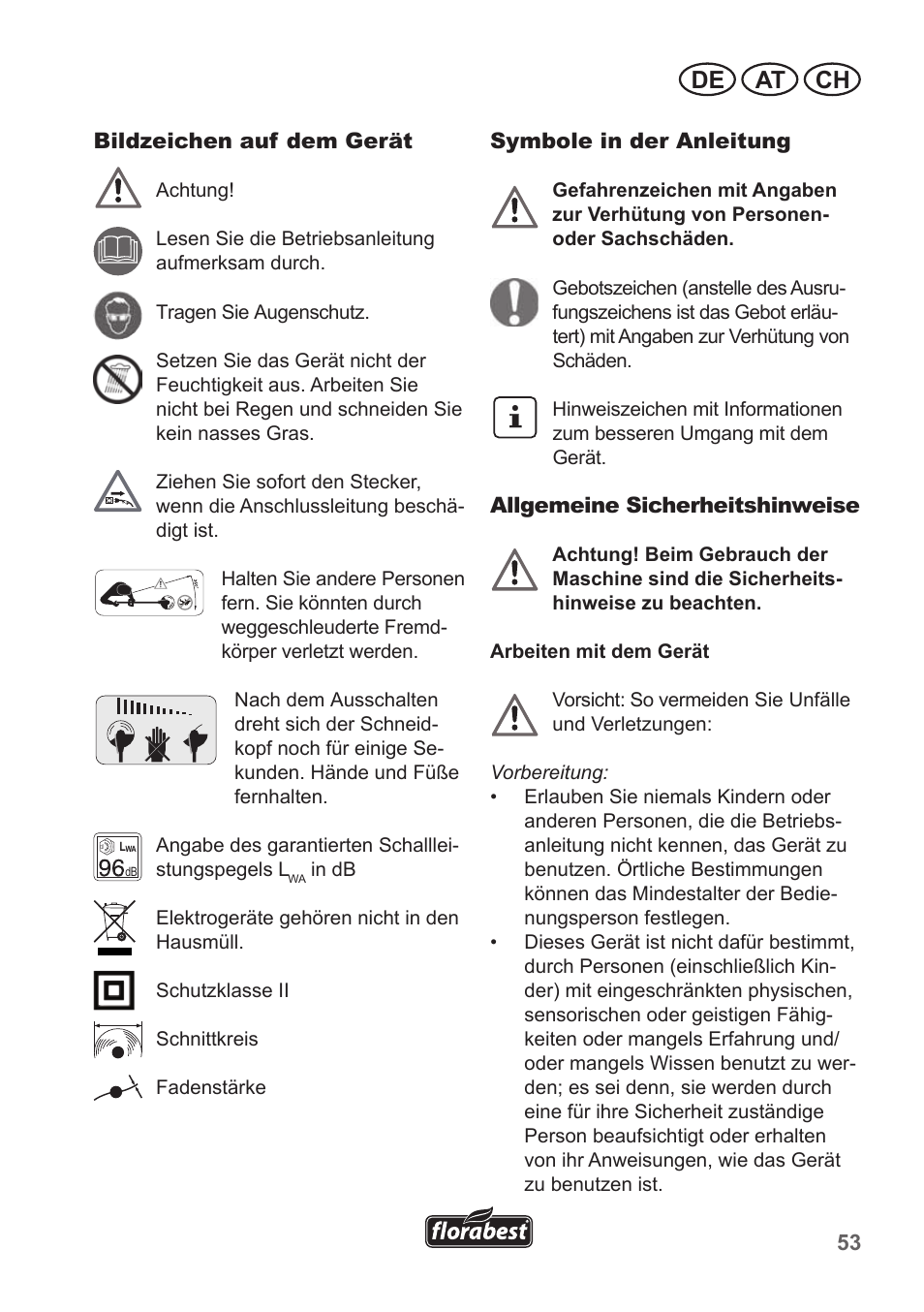 De at ch | Florabest FRT 450 A1 User Manual | Page 53 / 70