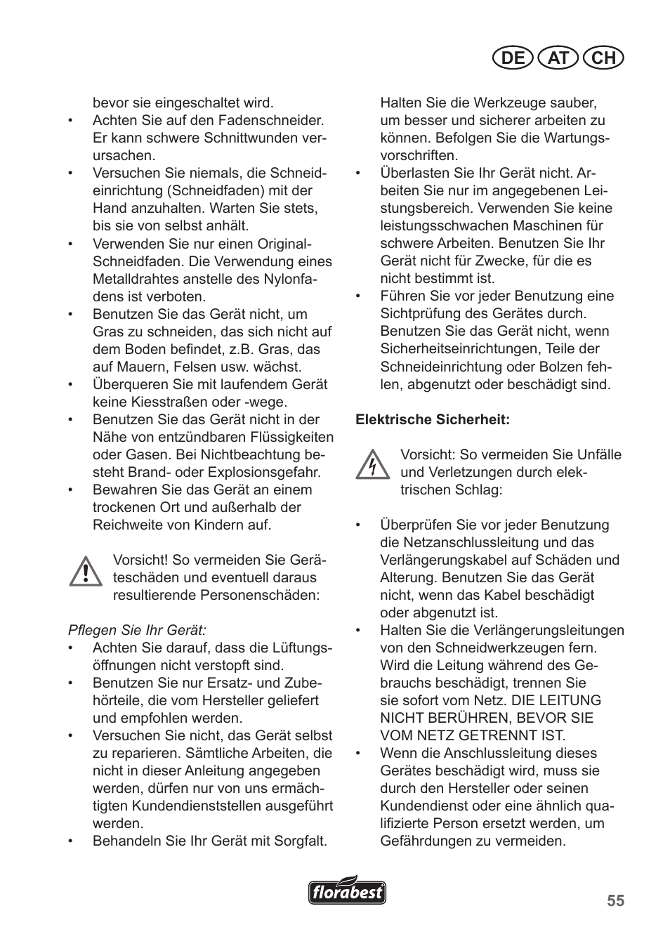 De at ch | Florabest FRT 450 A1 User Manual | Page 55 / 70