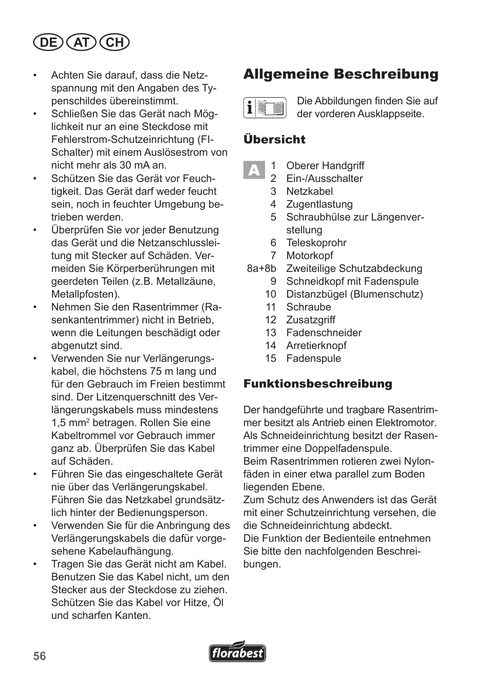Allgemeine beschreibung, De at ch | Florabest FRT 450 A1 User Manual | Page 56 / 70
