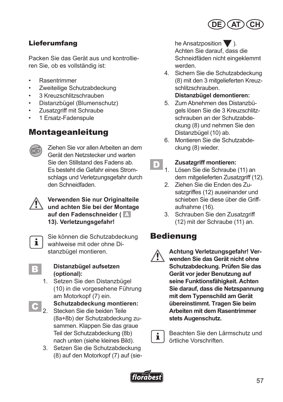 Montageanleitung, Bedienung, De at ch | Florabest FRT 450 A1 User Manual | Page 57 / 70