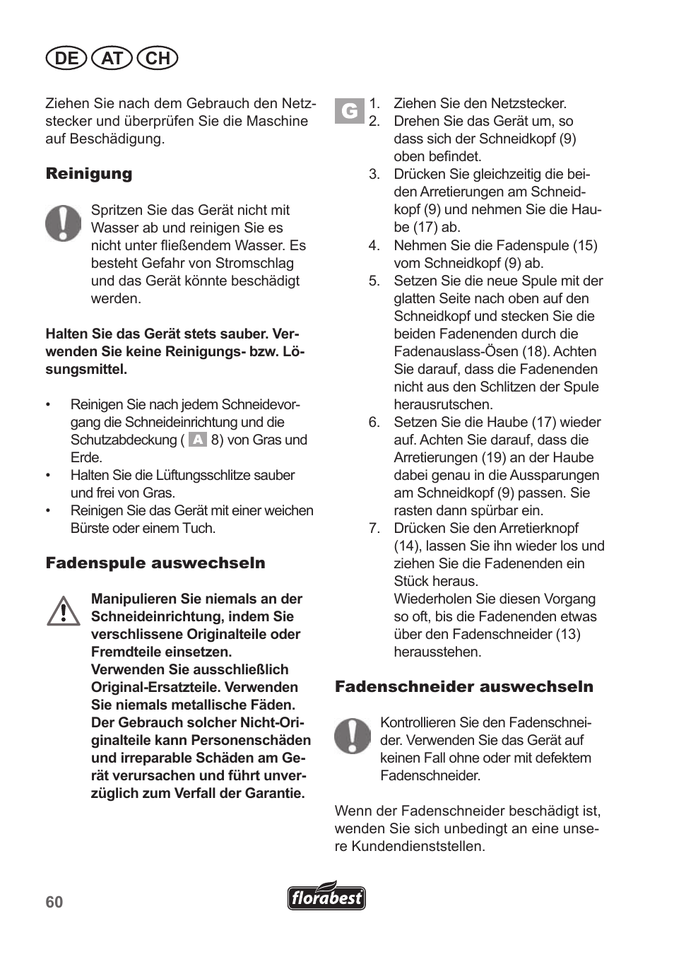 De at ch | Florabest FRT 450 A1 User Manual | Page 60 / 70