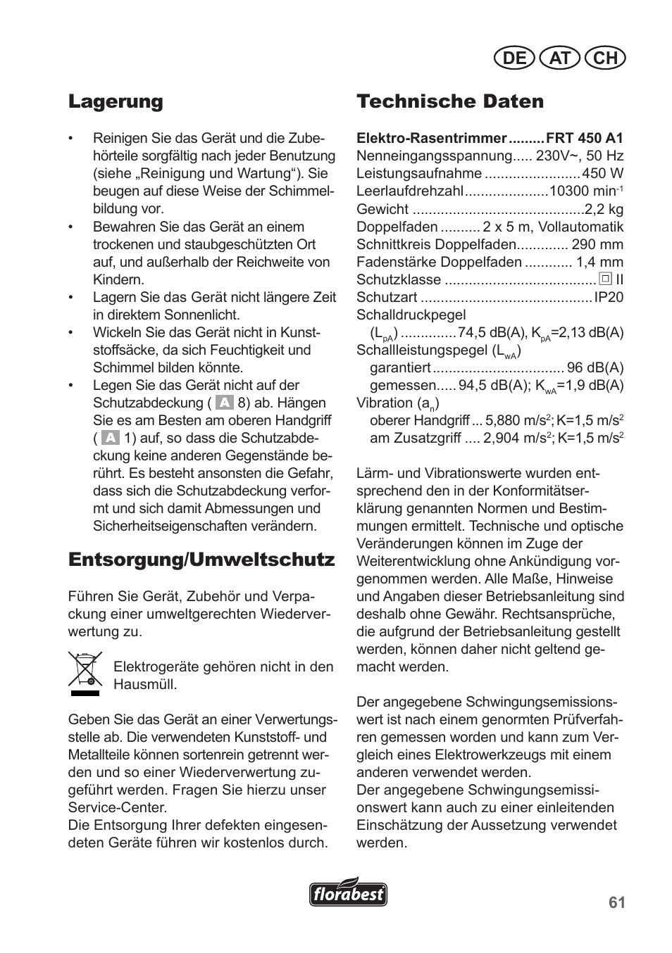 Lagerung, Entsorgung/umweltschutz, Technische daten | De at ch | Florabest FRT 450 A1 User Manual | Page 61 / 70