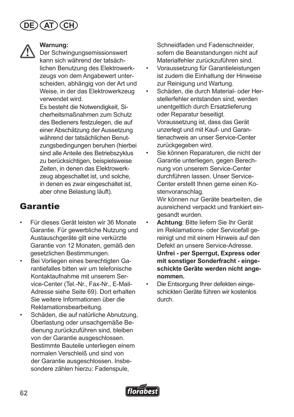 Garantie, De at ch | Florabest FRT 450 A1 User Manual | Page 62 / 70