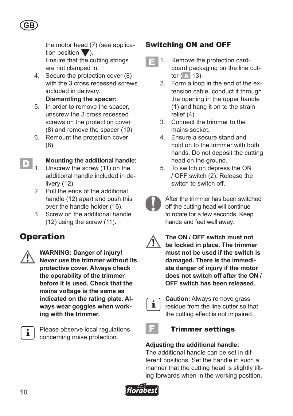 Operation | Florabest FRT 450 A1 User Manual | Page 10 / 90