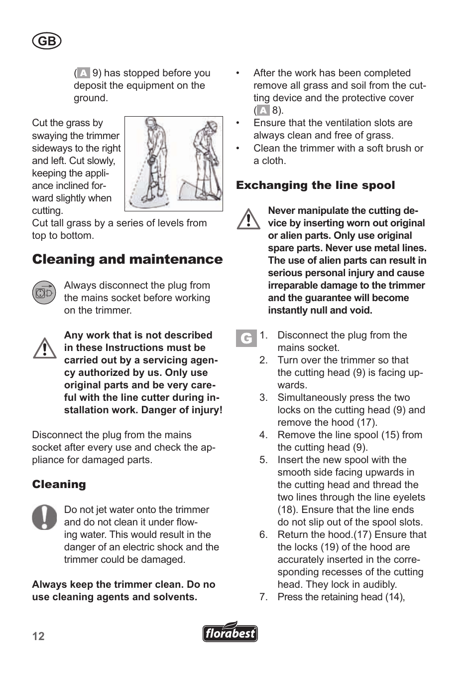 Cleaning and maintenance | Florabest FRT 450 A1 User Manual | Page 12 / 90