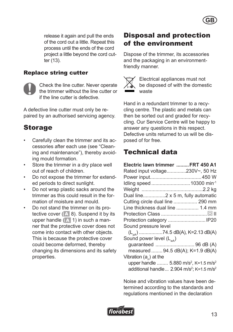 Storage, Disposal and protection of the environment, Technical data | Florabest FRT 450 A1 User Manual | Page 13 / 90